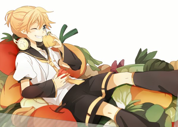 Anime picture 1000x714 with vocaloid kagamine len tama (songe) single short hair blue eyes simple background blonde hair smile white background lying one eye closed wink boy food headphones fruit wire (wires) vegetables