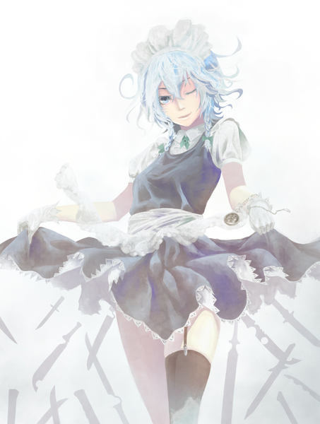 Anime picture 1437x1900 with touhou izayoi sakuya akaikitsune single tall image looking at viewer fringe short hair simple background smile white background silver hair braid (braids) one eye closed light smile wink maid twin braids girl thighhighs