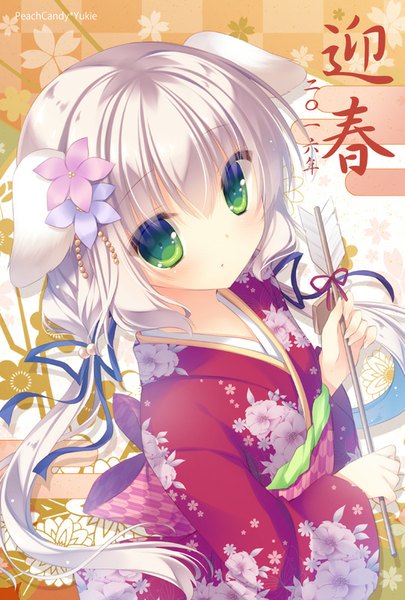 Anime picture 540x800 with original yukie (peach candy) single long hair tall image looking at viewer green eyes white hair traditional clothes japanese clothes inscription new year floral background happy new year girl hair ornament flower (flowers) kimono kanzashi arrow (arrows)