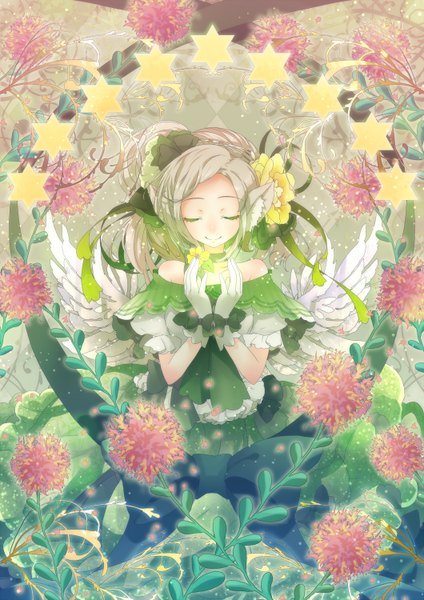 Anime picture 1060x1500 with original plastick single tall image blonde hair animal ears white hair eyes closed girl gloves hair ornament flower (flowers) wings star (symbol)