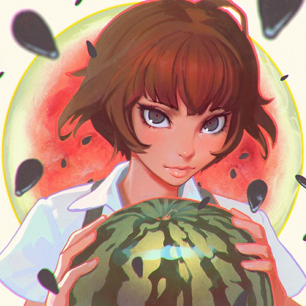 Anime picture 900x900 with original ilya kuvshinov single looking at viewer blush short hair brown hair holding ahoge grey eyes portrait close-up girl food berry (berries) watermelon