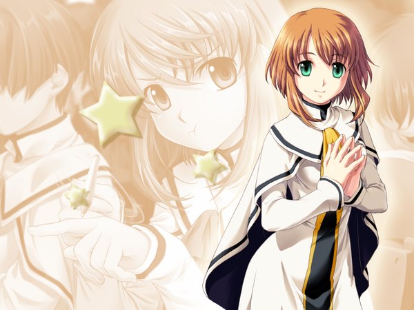 Anime picture 1600x1200 with answer dead yuu saito single fringe short hair smile brown hair green eyes girl