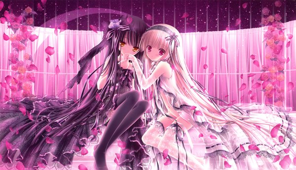 Anime picture 6556x3782 with tinker bell long hair highres black hair blonde hair wide image multiple girls yellow eyes absurdres pink eyes loli lolita fashion girl thighhighs dress bow 2 girls petals hairband rose (roses)