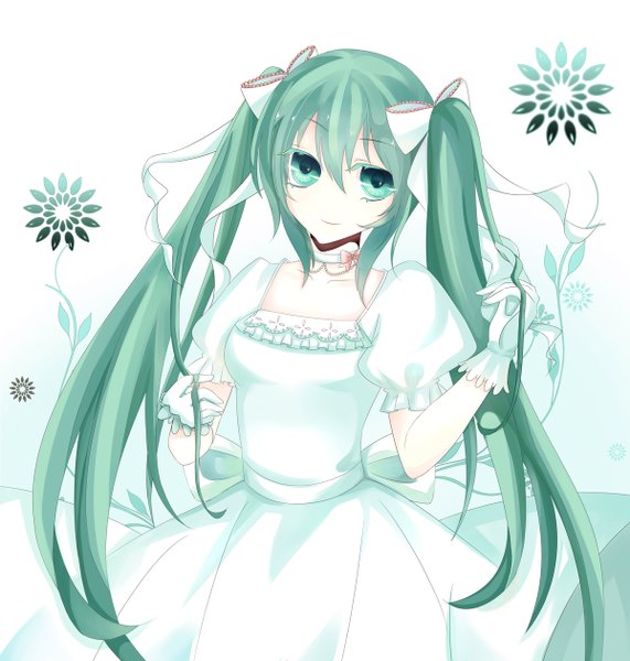 Anime picture 1200x1260 with vocaloid hatsune miku suikako single long hair tall image smile twintails aqua eyes aqua hair girl dress gloves hair ornament flower (flowers) ribbon (ribbons) hair ribbon white dress