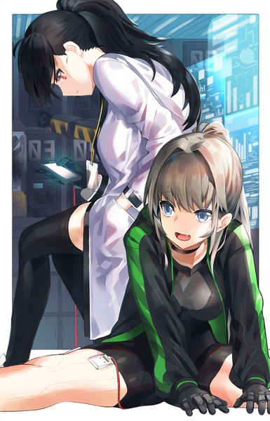 Anime picture 757x1178 with original kfr long hair tall image fringe open mouth blue eyes black hair red eyes multiple girls payot looking away ponytail profile grey hair fang (fangs) spread legs hand in pocket stretch girl