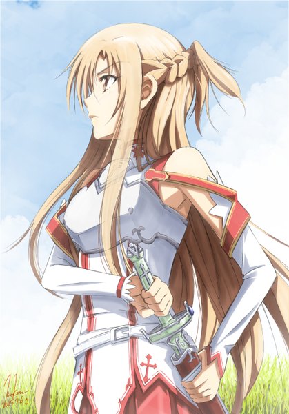 Anime picture 1000x1433 with sword art online a-1 pictures yuuki asuna kem kem single long hair tall image blonde hair bare shoulders brown eyes signed sky profile dated portrait girl weapon plant (plants) detached sleeves sword