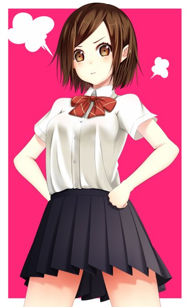 Anime picture 1000x1625 with koyaya (sorano) single tall image blush short hair simple background brown hair brown eyes pleated skirt pink background framed girl skirt uniform school uniform bowtie