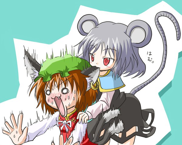 Anime picture 960x765 with touhou chen nazrin arinu blush short hair open mouth simple background red eyes brown hair multiple girls animal ears upper body tail long sleeves animal tail grey hair cat ears inscription cat girl