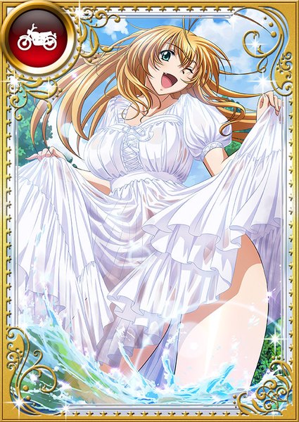Anime picture 567x800 with ikkitousen sonsaku hakufu single long hair tall image looking at viewer blush light erotic blonde hair holding sky cloud (clouds) ahoge head tilt one eye closed aqua eyes wink sparkle puffy sleeves wet clothes