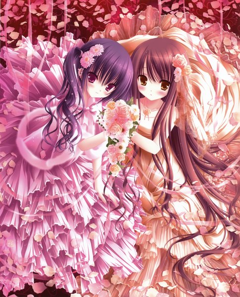 Anime picture 3165x3911 with tinker bell tall image highres brown hair purple eyes multiple girls yellow eyes absurdres purple hair hair flower loli girl hair ornament flower (flowers) 2 girls petals