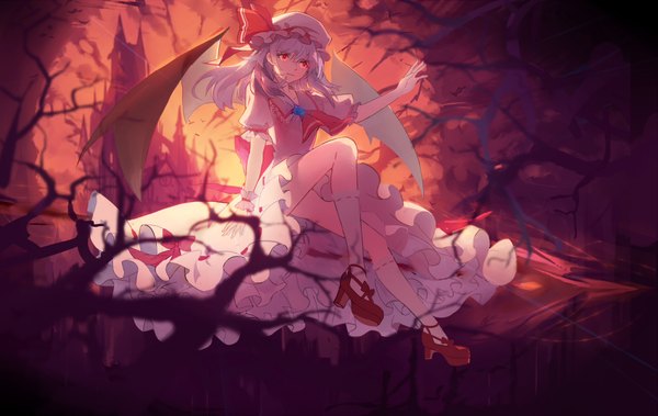 Anime picture 1958x1240 with touhou remilia scarlet baisi shaonian single long hair fringe highres hair between eyes red eyes sitting purple hair bent knee (knees) arm up light smile shadow short sleeves high heels puffy sleeves alternate hairstyle demon wings