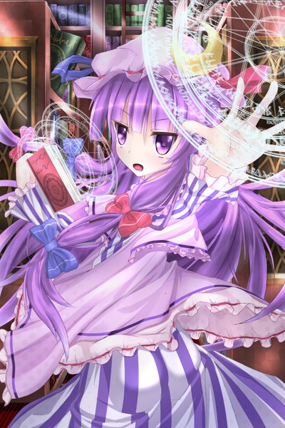 Anime picture 1000x1500 with touhou patchouli knowledge namatyaba single long hair tall image purple eyes purple hair magic girl dress bow hair bow book (books) bonnet magic circle