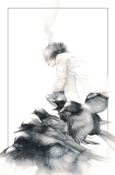 Anime picture 894x1350 with original re (artist) single tall image short hair simple background white background grey hair open shirt border smoke squat smoking boy animal shirt belt white shirt bird (birds) cigarette