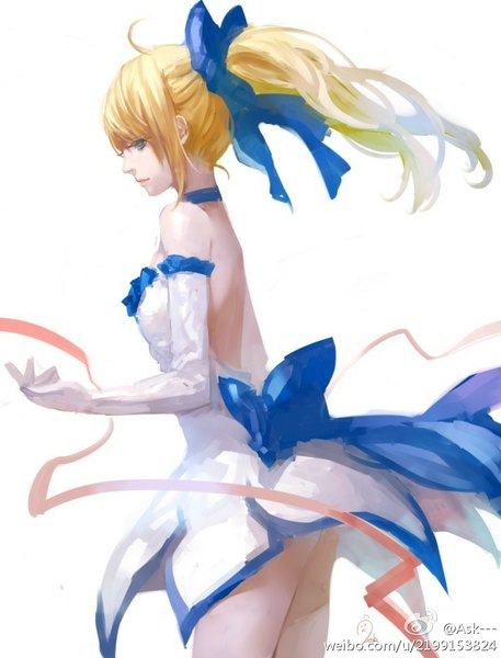 Anime picture 741x973 with fate (series) fate/unlimited codes type-moon artoria pendragon (all) saber lily ask (askzy) single long hair tall image fringe simple background blonde hair standing white background bare shoulders green eyes looking away ahoge ponytail profile