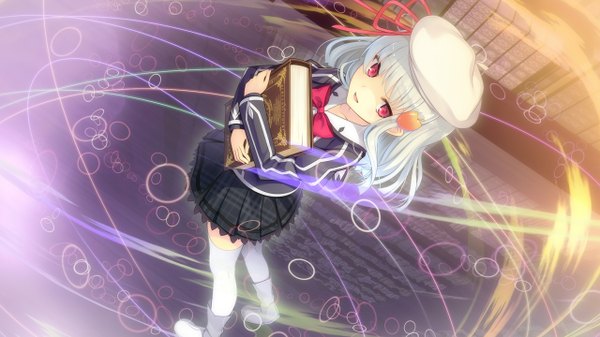 Anime picture 1280x720 with tokeijikake no ley line rito (tokeijikake no ley line) urabi (tomatohouse) single fringe short hair open mouth red eyes wide image looking away game cg silver hair indoors from above girl thighhighs uniform ribbon (ribbons) hair ribbon school uniform