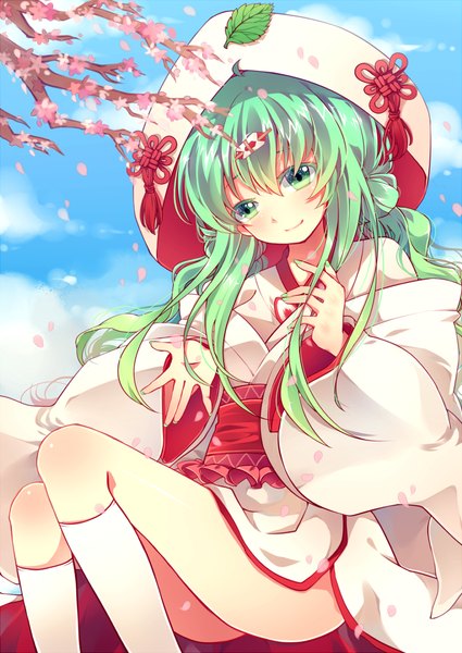Anime picture 773x1092 with vocaloid hatsune miku yuki miku yuki miku (2013) anthiea single long hair tall image blush green eyes sky cloud (clouds) traditional clothes japanese clothes green hair cherry blossoms girl hair ornament plant (plants) tree (trees)