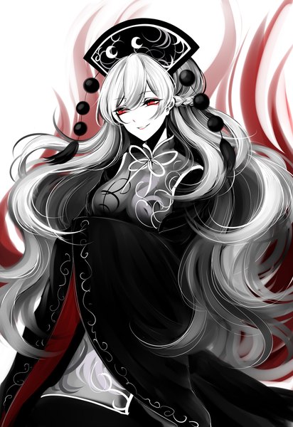 Anime picture 2200x3200 with touhou junko (touhou) sheya single long hair tall image fringe highres breasts smile hair between eyes red eyes white background looking away long sleeves wide sleeves grin sleeves past wrists polychromatic girl