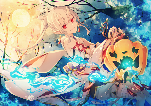 Anime picture 1637x1158 with original goma (11zihisin) single long hair fringe smile hair between eyes red eyes signed white hair ponytail horn (horns) pointy ears dated halloween oni horns bare tree girl plant (plants) detached sleeves