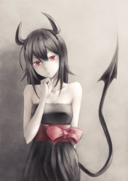 Anime picture 1447x2046 with original mstm single long hair tall image looking at viewer black hair simple background red eyes bare shoulders tail horn (horns) demon tail girl dress