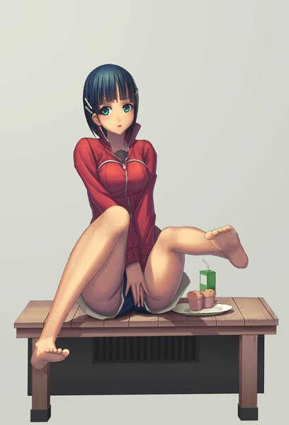 Anime picture 760x1117 with sword art online a-1 pictures kirigaya suguha guang yiren single tall image looking at viewer short hair blue eyes black hair simple background sitting barefoot bare legs legs girl hair ornament shorts bobby pin sweater