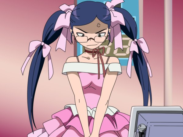 Anime picture 1600x1200 with mai hime sunrise (studio) kuga natsuki single long hair twintails blue hair angry anger vein girl dress ribbon (ribbons) hair ribbon choker glasses pink dress