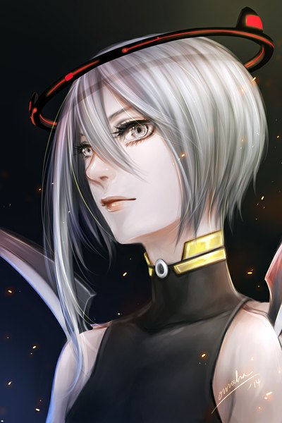 Anime picture 640x960 with zenithomocha single tall image looking at viewer short hair simple background bare shoulders grey hair shadow grey eyes black background dark background close-up girl wings halo
