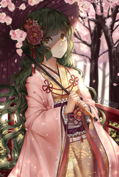 Anime picture 878x1300 with original wani (fadgrith) wanini single long hair tall image looking at viewer fringe holding yellow eyes outdoors traditional clothes japanese clothes hair flower fingernails green hair light smile wide sleeves cherry blossoms wavy hair