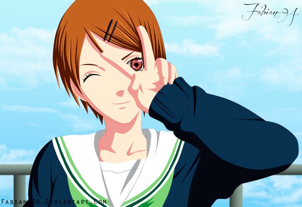 Anime picture 1800x1238 with kuroko no basket production i.g aida riko fabiansm single highres short hair smile brown hair brown eyes sky cloud (clouds) one eye closed wink coloring girl uniform serafuku bobby pin