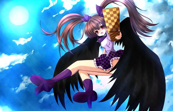 Anime picture 1500x961 with touhou himekaidou hatate kuromari (runia) single long hair open mouth red eyes brown hair twintails cloud (clouds) checkered skirt girl skirt miniskirt wings socks phone