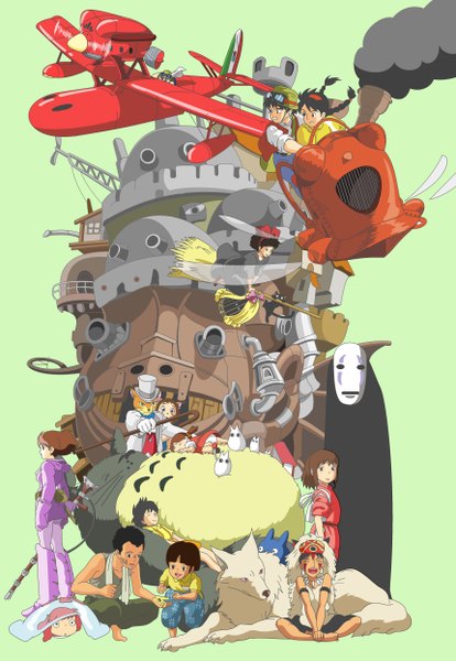 Anime picture 3440x4984 with howl's moving castle spirited away tonari no totoro mononoke hime kiki's delivery service kaze no tani no nausicaa laputa castle in the sky gake no ue no ponyo the cat returns porco rosso studio ghibli san totoro kiki ogino chihiro jiji nausicaa kusakabe mei no face (spirited away) kusakabe satsuki