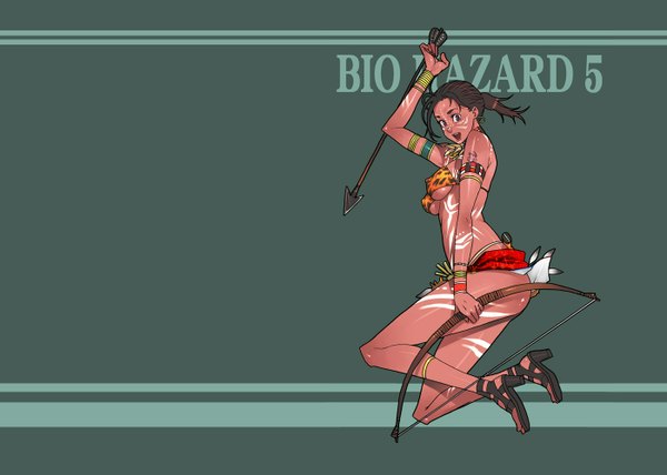 Anime picture 1400x1000 with resident evil resident evil 5 tagme (character) looking at viewer open mouth light erotic simple background brown hair holding brown eyes ponytail midriff tattoo high heels dark skin jumping girl weapon earrings bracelet