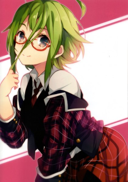 Anime picture 2830x4030 with vocaloid setsuna trip (vocaloid) gumi ousaka nozomi single tall image looking at viewer highres short hair smile brown eyes green eyes ahoge green hair light smile scan girl uniform glasses necktie