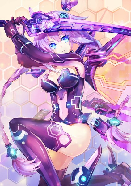 Anime picture 1654x2339 with choujigen game neptune purple heart sxbzero single tall image fringe breasts blue eyes light erotic holding purple hair braid (braids) very long hair twin braids glowing symbol-shaped pupils cleavage cutout jpeg artifacts girl thighhighs