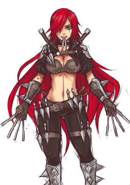 Anime picture 800x1131 with league of legends katarina (league of legends) exaxuxer single long hair tall image looking at viewer fringe breasts simple background standing white background holding green eyes cleavage red hair hair over one eye mouth hold girl navel