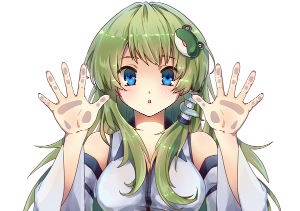 Anime picture 1000x706 with touhou kochiya sanae pollia single long hair blush open mouth blue eyes green hair transparent background against glass girl hair ornament detached sleeves hair tubes
