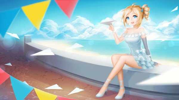 Anime picture 3840x2160 with os-tan internet explorer aizawa inori pricey single highres short hair open mouth blue eyes blonde hair wide image sitting absurdres sky cloud (clouds) girl dress string of flags paper airplane