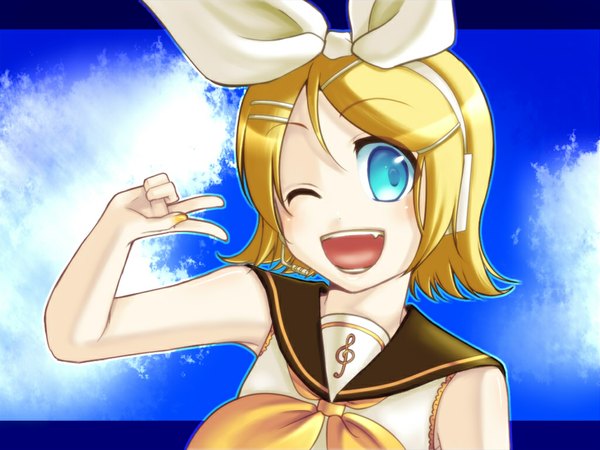 Anime picture 1024x768 with vocaloid kagamine rin single looking at viewer open mouth blue eyes blonde hair sky cloud (clouds) upper body one eye closed arm up wink fang (fangs) sleeveless victory girl bow hair bow
