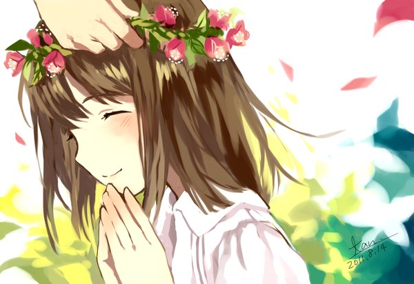 Anime picture 2122x1460 with original tan (tangent) single blush highres short hair smile brown hair signed eyes closed hair flower hands clasped girl hair ornament flower (flowers) petals leaf (leaves) wreath