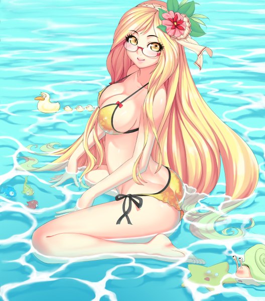 Anime picture 1188x1349 with original lucknight single long hair tall image blush breasts light erotic blonde hair large breasts yellow eyes hair flower girl hair ornament swimsuit bikini water glasses fish (fishes) starfish
