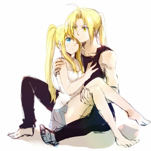 Anime picture 1100x1100 with fullmetal alchemist studio bones edward elric winry rockbell long hair blue eyes simple background blonde hair white background bare shoulders yellow eyes ponytail barefoot girl boy