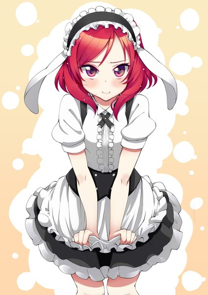 Anime picture 1240x1754 with love live! school idol project gochuumon wa usagi desu ka? sunrise (studio) love live! white fox nishikino maki akino sora single long hair tall image looking at viewer blush purple eyes red hair cosplay kirima sharo (cosplay) girl dress headdress