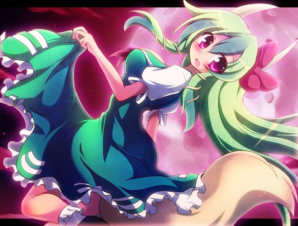 Anime picture 1122x852 with touhou kamishirasawa keine ex-keine geogeo (artist) single long hair blush open mouth tail pink eyes looking back horn (horns) green hair red moon girl dress bow hair bow shoes