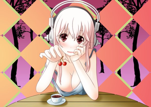 Anime picture 1364x964 with nitroplus super sonico long hair looking at viewer blush breasts open mouth light erotic red eyes pink hair girl food headphones cup berry (berries) cherry