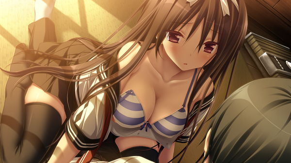Anime picture 1280x720 with amatsutsumi purple software oribe kokoro long hair blush breasts light erotic black hair red eyes wide image game cg open shirt girl thighhighs boy skirt black thighhighs shirt lingerie bra