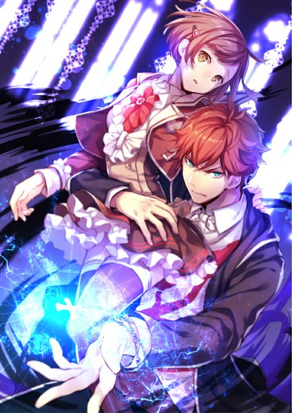 Anime picture 725x1027 with dance with devils brains base (studio) tachibana ritsuka tachibana lind tachibana lindo pekoo (pekota) tall image looking at viewer short hair brown hair brown eyes red hair parted lips aqua eyes zettai ryouiki hug magic glowing carrying brother and sister