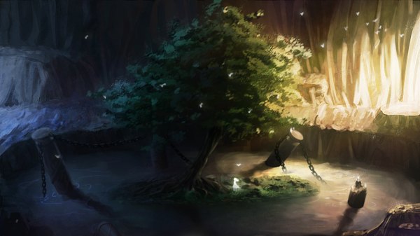 Anime picture 1280x720 with original zi ye (hbptcsg2) single long hair blonde hair wide image light silhouette girl plant (plants) petals tree (trees) water chain cave