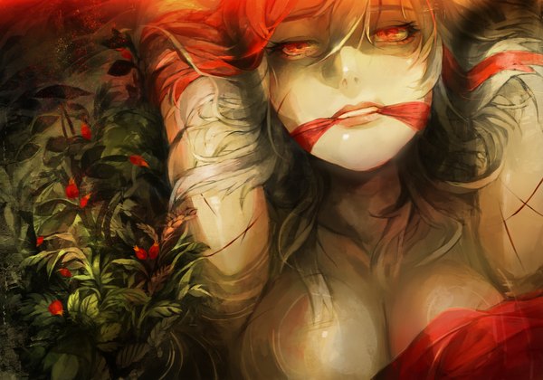 Anime picture 1024x717 with original d-oppelganger (midorynn) single long hair looking at viewer open mouth light erotic white hair orange eyes face messy hair girl flower (flowers) ribbon (ribbons) plant (plants) leaf (leaves) scratch