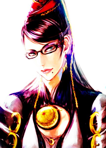 Anime picture 757x1057 with bayonetta bayonetta (character) seitsuji single long hair tall image looking at viewer fringe simple background white background cleavage red hair head tilt alternate costume lipstick portrait eyeshadow pink lipstick makeup girl