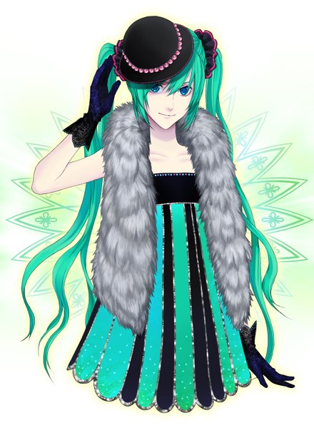 Anime picture 1100x1500 with vocaloid hatsune miku chimachi single long hair tall image blue eyes twintails green hair light smile girl dress gloves hat headdress fur short dress beads
