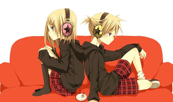 Anime picture 1150x684 with vocaloid kagamine rin kagamine len hinazawa kirie short hair blue eyes blonde hair wide image profile couple back to back casual girl thighhighs boy skirt shorts headphones star (symbol) child (children)